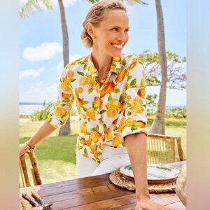 Talbots Lemons & Orange Novelty Print Cotton Button Down Blouse Size MP
